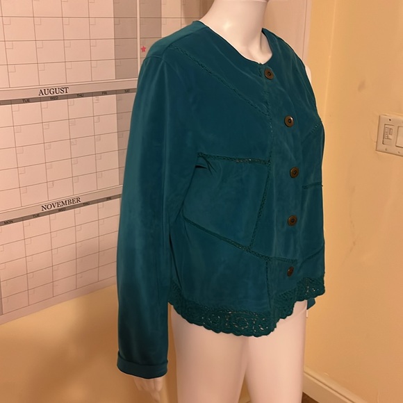 Vintage Koret Blazer Womens Blue Patchwork Crochet Retro 80s 90s Jacket L - Picture 3 of 8